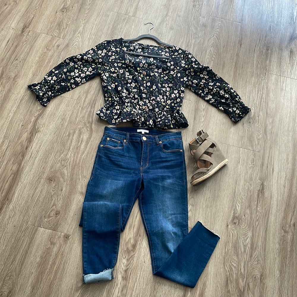 Navy floral peplum style top